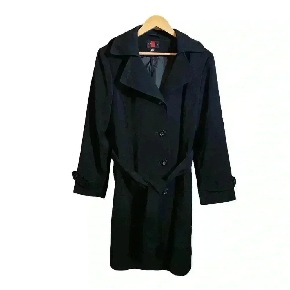 VGT Gallery Women's Full Black Overcoat Jacket Knee-length With Removable Hood L